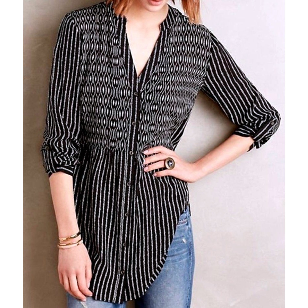 Maeve Anthropologie Tunic Top Womens 6 Black White Striped BOHO Tab Sleeve